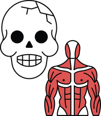 A skull and a man's body are drawn in black and white