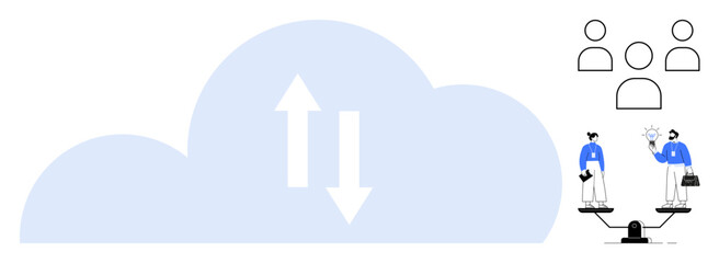 Cloud with bidirectional arrows alongside people balancing scales, connected to outlined user icons. Ideal for teamwork, technology, balance, cloud computing, user interaction, communication, simple