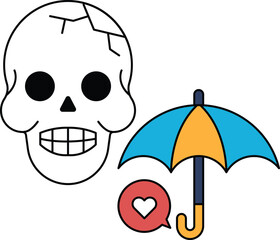 A skull with a broken jaw and a heart in the middle