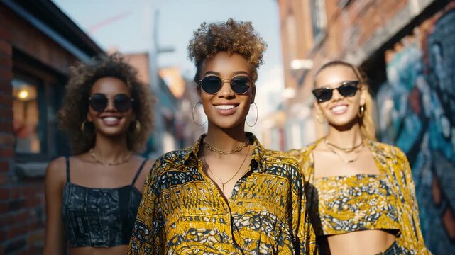 423Women in stylish streetwear walking along an urban alley, brick walls and street art adding texture, natural sunlight highlighting outfits and expressions