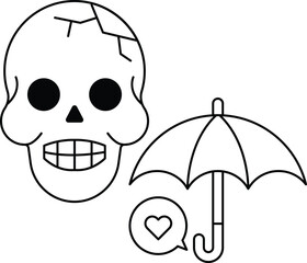 A skull with a broken jaw and a heart in the middle