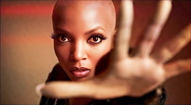 Mujer afroamericana calva con maquillaje de belleza profesional  ojos muy abiertos y mirada intensa con la mano izquierda abierta y desenfocada invadiendo el primer plano