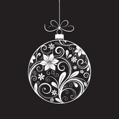 Fototapeta premium Elegant Floral Christmas Ornament Ball Vector Illustration. Beautiful black and white floral ornament ball vector design featuring intricate flowers, leaves, and swirls arranged in a decorative