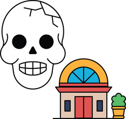 A skull is drawn next to a house