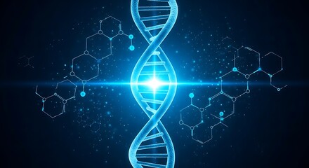 Abstract glowing blue double helix dna strand with molecular structures and light flare on dark background science concept