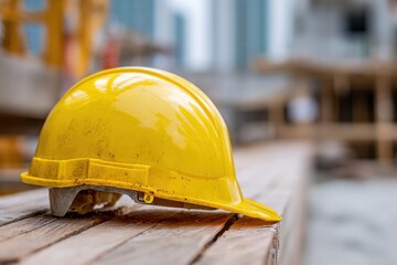Protective yellow helmet on a blurred building construction site background. Close-up safety hard hat with partially built house. Planning and construction management. Engineers supervising. Labor Day