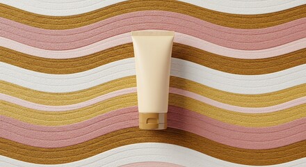 A cream-colored tube product lies on a pastel-striped wavy background, minimalistic concept.
