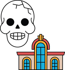 A skull is smiling and has its mouth open, with a building in the background