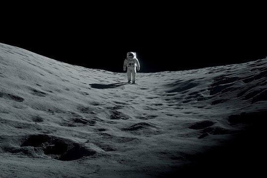 Dramatic Low-Key Shot of a Solitary Astronaut in White Suit Walking Over a Dark Shadowy Ridge of the Moon Surface