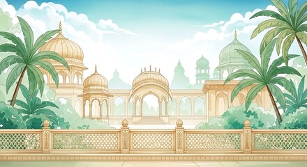 Traditional Mughal garden scene in Pichwai style featuring peacock and arches, designed for wallpaper