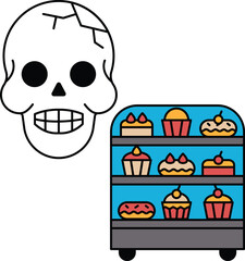 A skull is on a shelf next to a display of pastries
