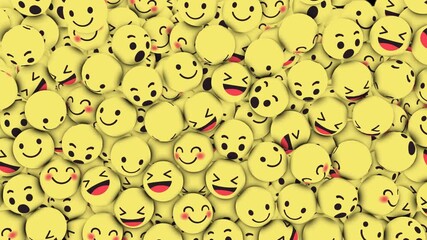 3D emoji faces falling and gathering on transparent background. Horizontal animation with yellow smiling emoticons and social media reaction symbols. - Powered by Adobe