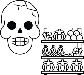 A skull is smiling and has its mouth open, while a fruit