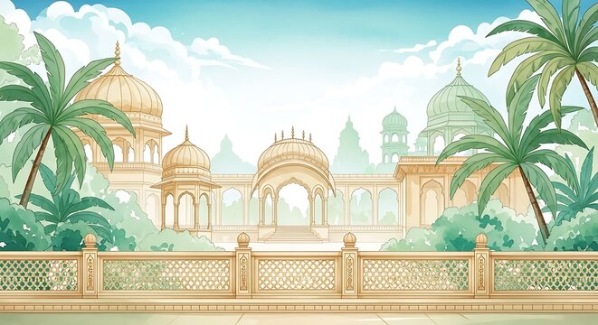 Traditional Mughal garden scene in Pichwai style featuring peacock and arches, designed for wallpaper - Powered by Adobe