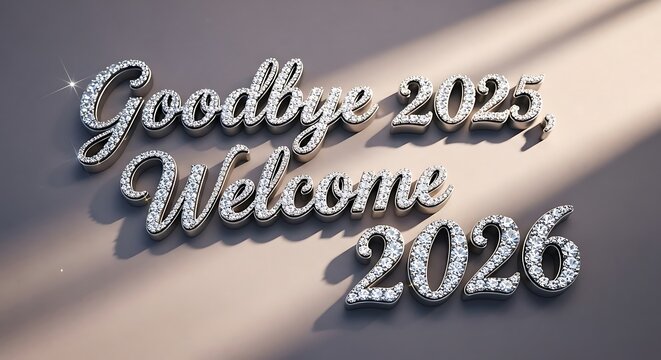 Sparkling diamond script text saying goodbye 2025 and welcome 2026 on a textured surface with soft light