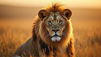 Sharp lion face with glowing mane and intense eyes against soft golden savanna background.