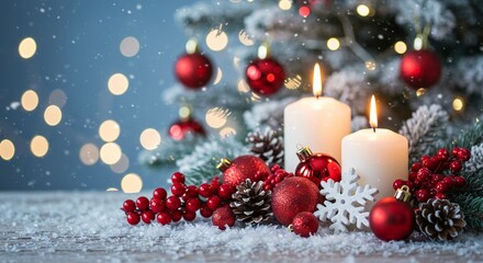 A festive scene with lit candles, red ornaments, and pine cones dusted with snow on a table.