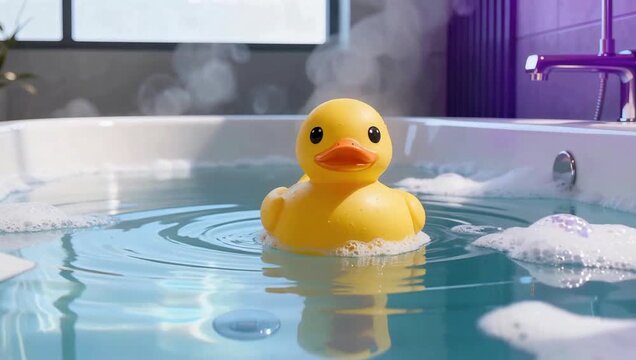 Patito de goma amarillo flotando en el centro de una tina de baño