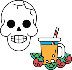 A skull is next to a cup of juice with a straw in it