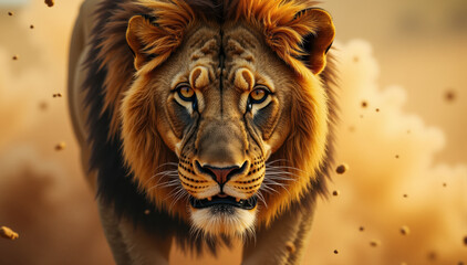 Fototapeta premium This lion’s intense eyes and worn features reveal a lifetime of wild dominance and struggle.