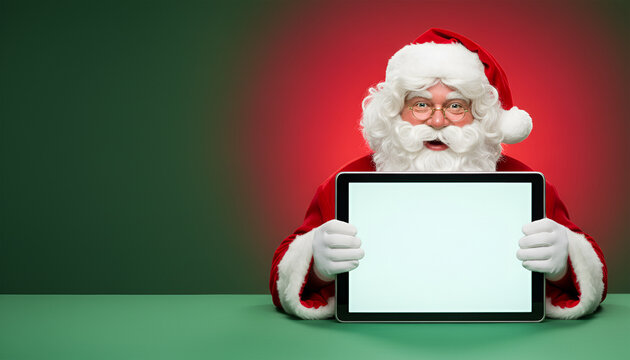 Santa Claus holding blank tablet with copy space for holiday messages