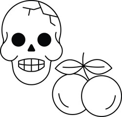 A skull is drawn next to a bunch of fruit, including a couple of oranges