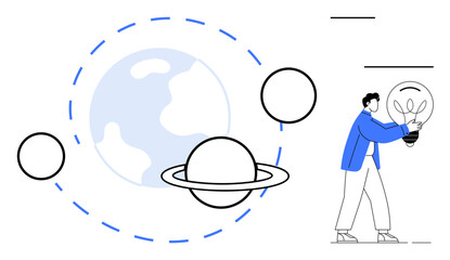 Person holding a glowing lightbulb standing near minimalist Earth and planets. Ideal for innovation, sustainability, creativity, science, ecology, education, futuristic design. Simple flat metaphor