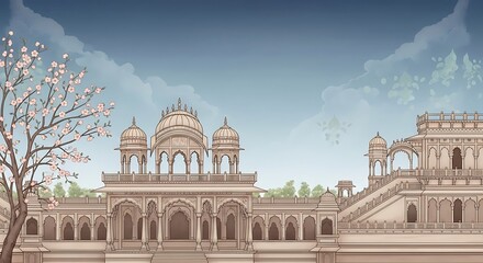 Traditional Mughal garden scene in Pichwai style featuring peacock and arches, designed for wallpaper