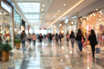 Defocused interior shopping mall. Motion blur customers walking in shopping mall. Blurred view of a modern shopping center. Boxing Day sale. Empty copy space, panorama. Indoor blurred bokeh background