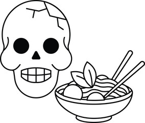 A skull is next to a bowl of noodles