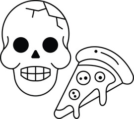 A skull and a slice of pizza are drawn together