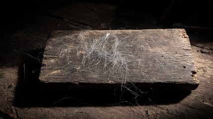 Rusted wood plank with fine fibers, textured with aged detail, on a dark industrial background, close-up view, vintage material, copy space.