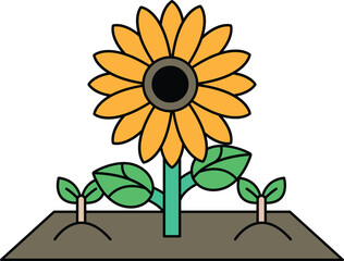 A black and white drawing of a sunflower with green leaves and a black center