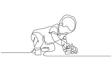 Single one line drawing young happy little boy playing stack of puzzle block. Vector illustration isolated on transparent background