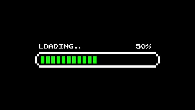 Retro pixel loading bar animation with green progress blocks on black background showing percentage loading process in vintage style
