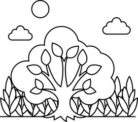 A tree with leaves is shown in a field with a cloudy sky