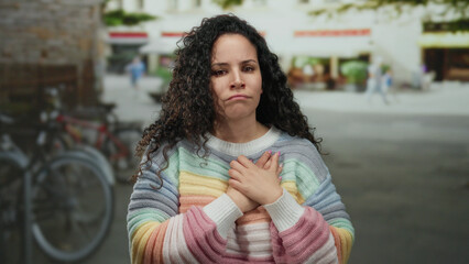 Fototapeta premium Young hispanic woman stands outdoors on a busy street wearing a rainbow sweater and holding her hands in front of her chest while bicycles and pedestrians blur in the background.