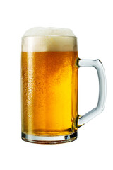 Cold lager beer with foam in a glass with condensation droplets