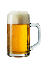 Cold lager beer with foam in a glass with condensation droplets