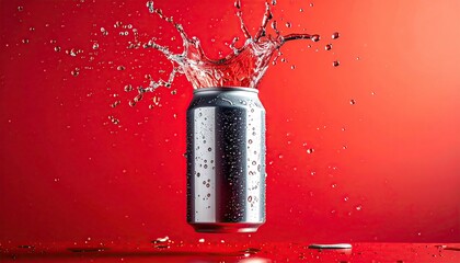 Soda can with splash on red background