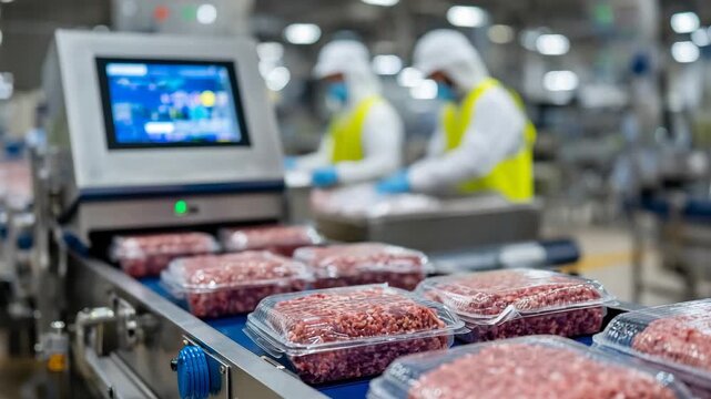 Automated packaging line inside meat processing factory, machines sealing plastic boxes filled with chopped meat, workers in safety gear monitoring digital control panels