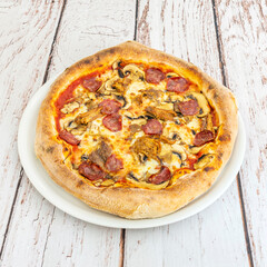 Smoked   pizza with fresh dill, capers, chopped chives, and baked sour cream