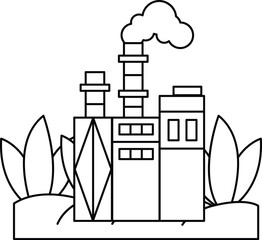 A black and white drawing of a factory with smoke coming out of it