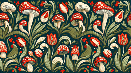 seamless floral pattern of mushroom and tulip in folk art