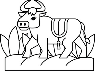 A black and white drawing of a bull with a saddle on its back