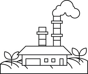 A black and white drawing of a factory with a chimney