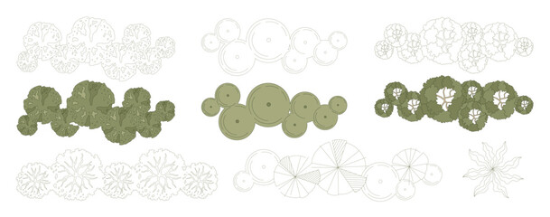 Group of Trees for architectural entourage and urban planning. Various trees, bushes, and shrubs, top view for the landscape design plans. Vector illustration.