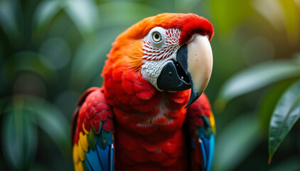 Obraz premium Chest-up view of exotic parrot in jungle with soft light and green backdrop