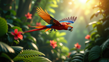 A vivid parrot in elegant flight above jungle plants with motion trails and filtered sunlight effects.