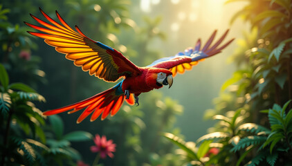 A colorful parrot caught mid-air with motion blur and sunlit tropical vegetation in the background.